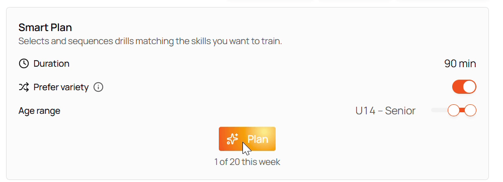 The Relyx Smart Plan panel, with duration, a Prefer variety toggle, an age range, and a Plan button.
