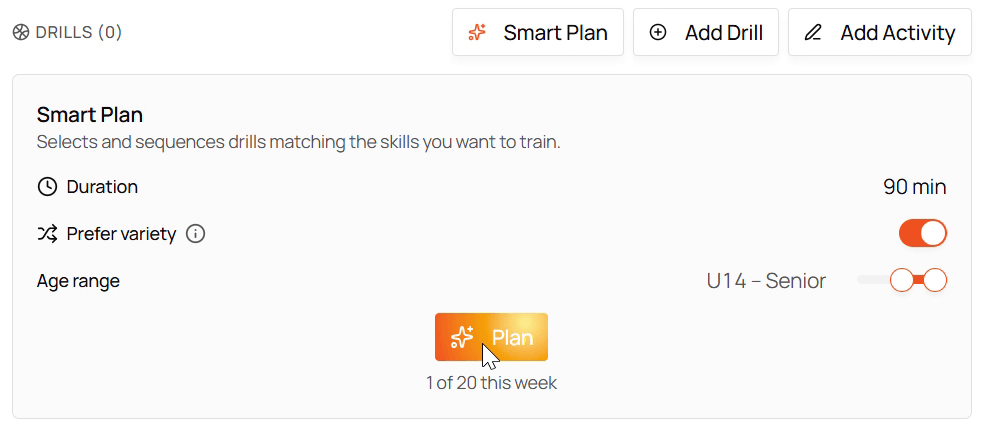 The Smart Plan panel in Relyx, with controls for duration, a Prefer variety toggle, an age range slider, and a Plan button showing the weekly usage allowance.