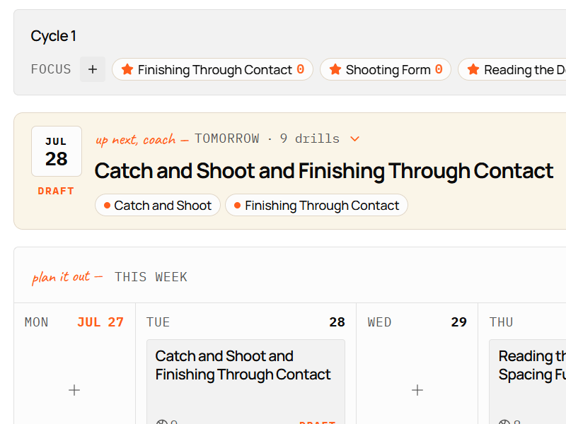 A Relyx season showing the current cycle's focus skills and the next practice scheduled for tomorrow.